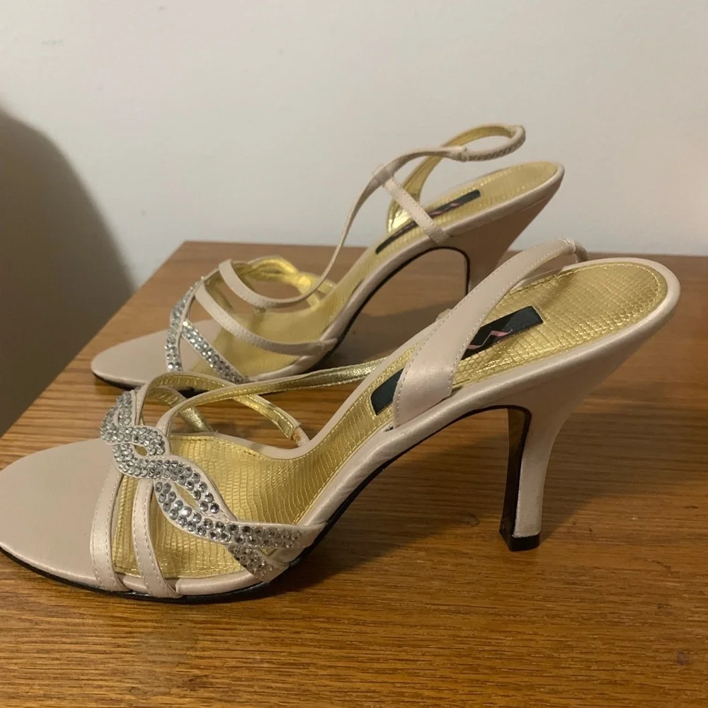 Nina Gathi Gold and Cream Strappy Low Heels wedding guest heels holiday party